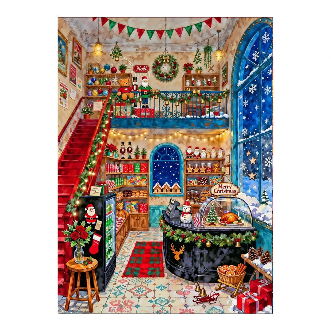 Whimsical Christmas Toy Shop Interior original artwork