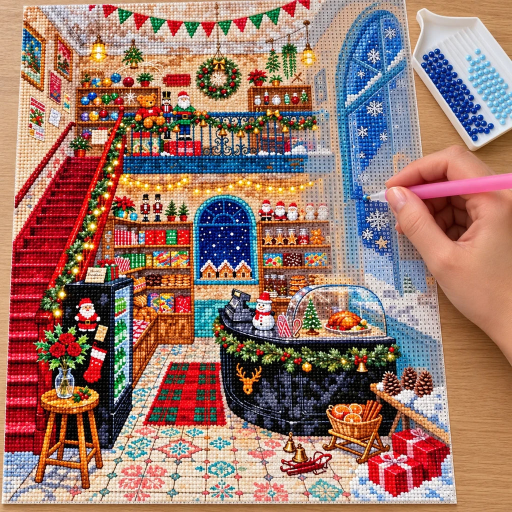 Whimsical Christmas Toy Shop Interior diamond painting process