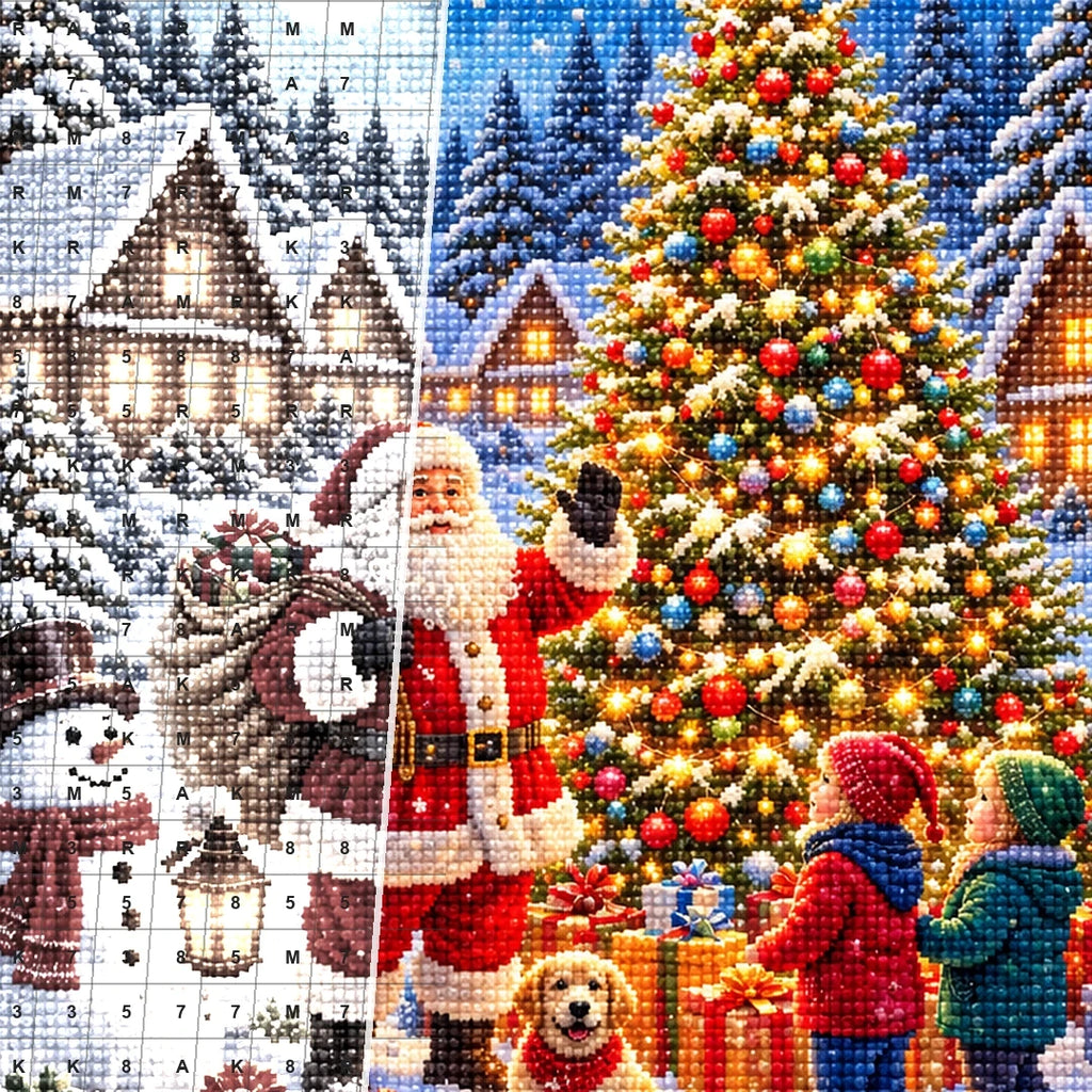Santa with Children by Christmas Tree diamond drill detail