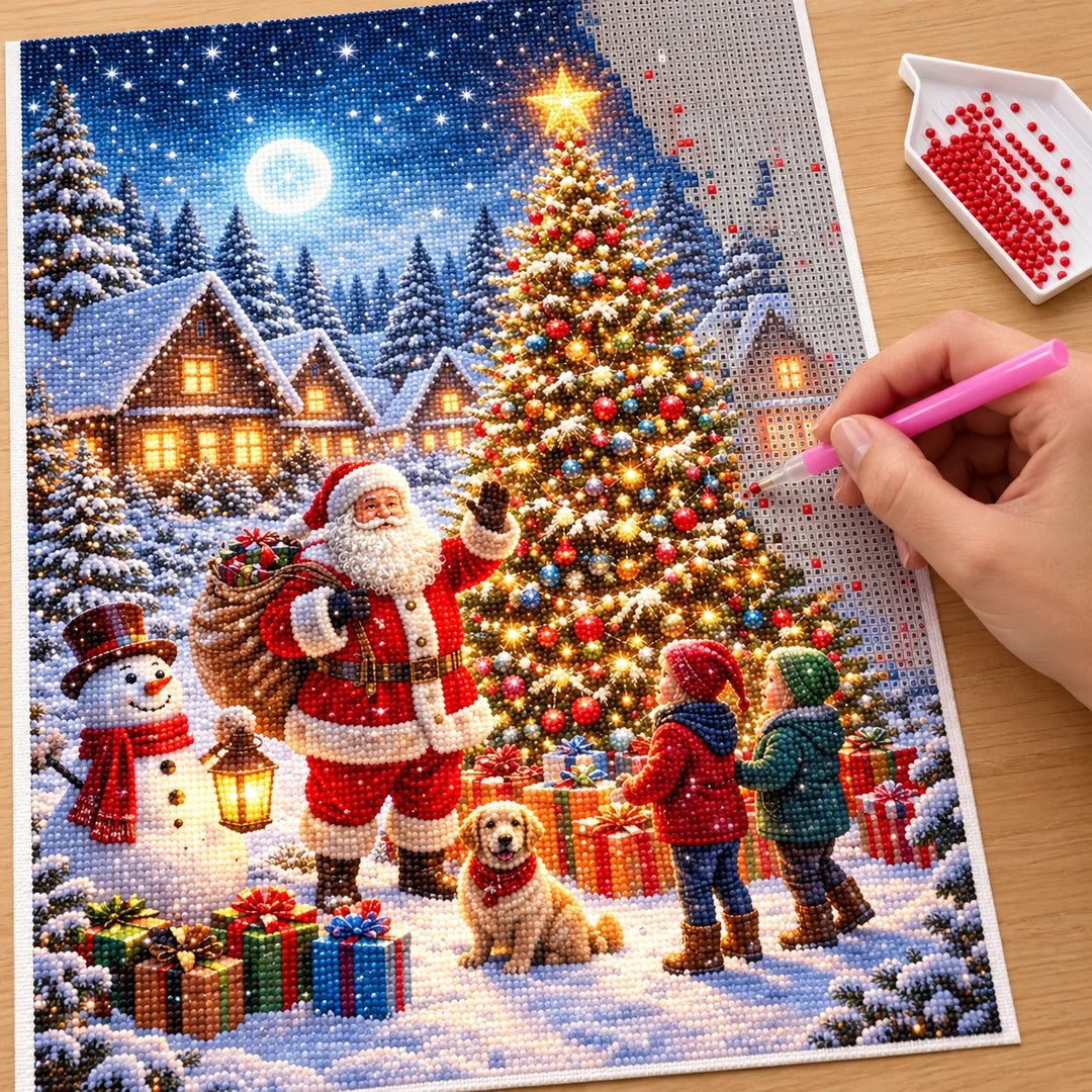 Santa with Children by Christmas Tree diamond painting process