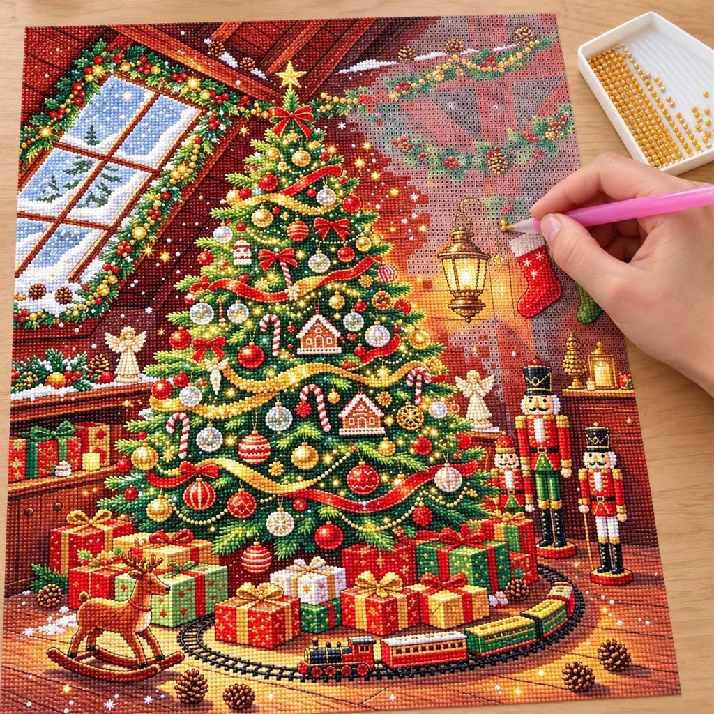 Christmas Tree Gifts and Toy Train diamond painting process