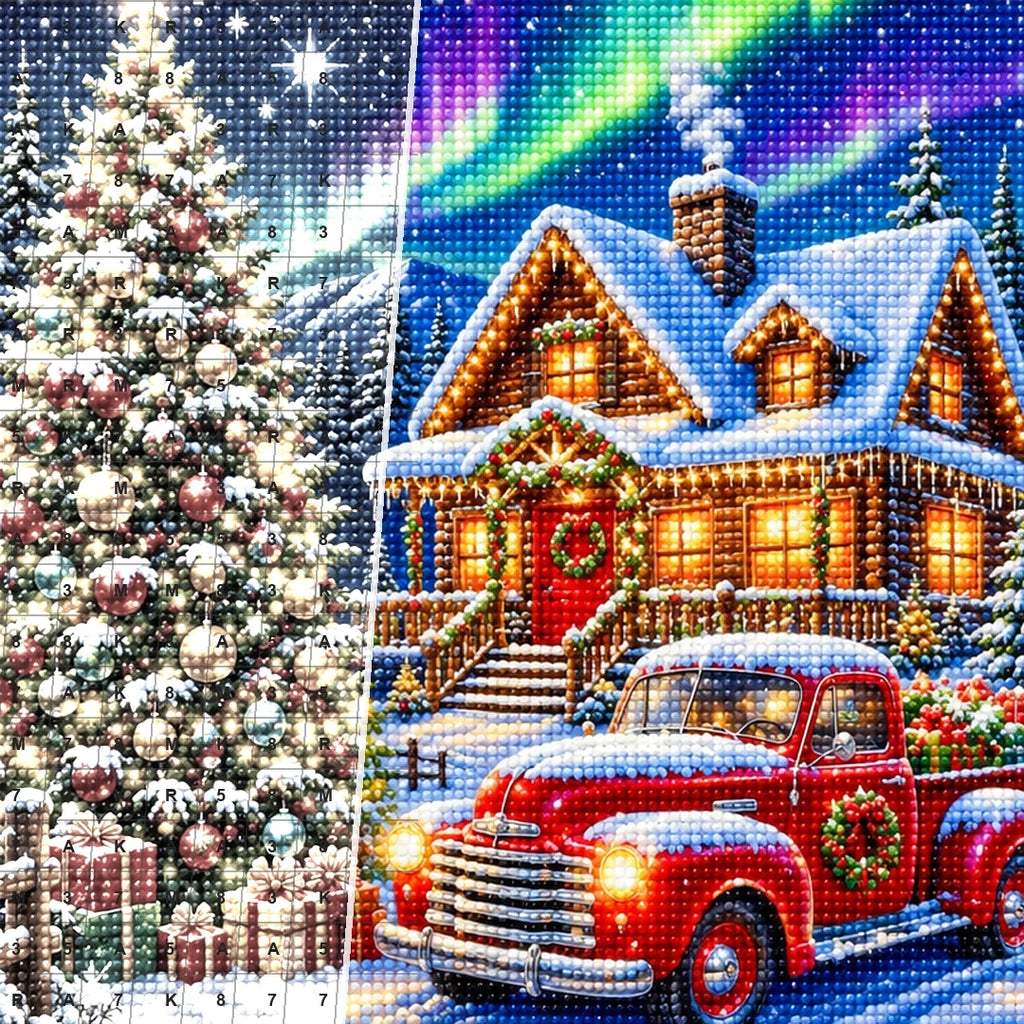 Aurora Christmas Cabin with Red Truck diamond drill detail