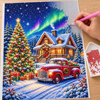Aurora Christmas Cabin with Red Truck diamond painting process