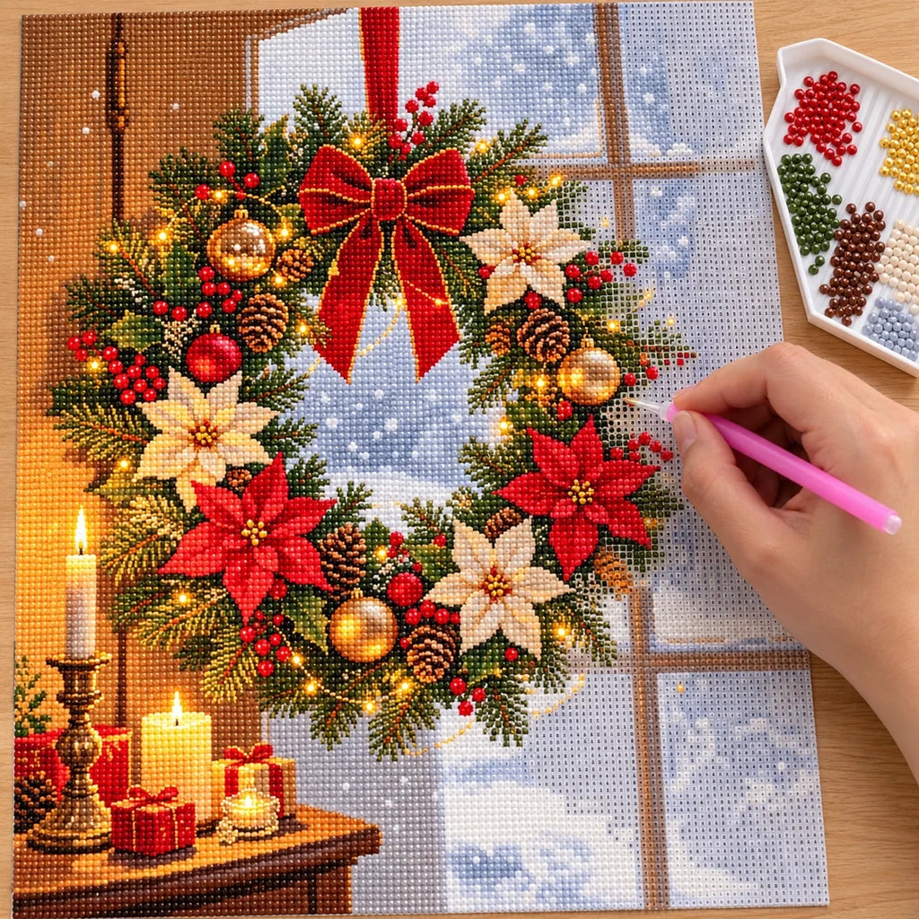 Christmas Wreath by Snowy Window diamond painting process