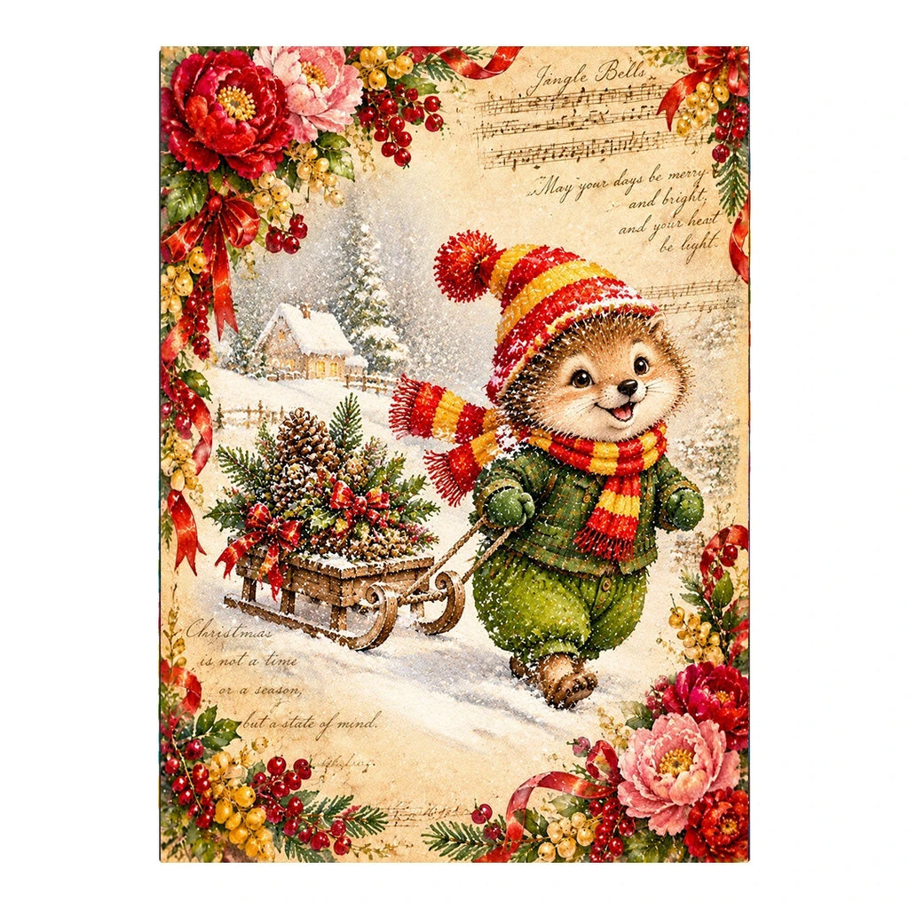 Vintage Christmas Squirrel Pulling Sleigh original artwork