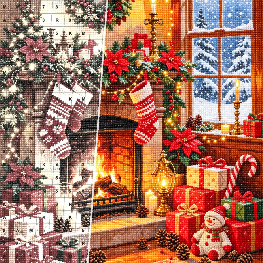 Cozy Christmas Fireplace with Gifts diamond drill detail