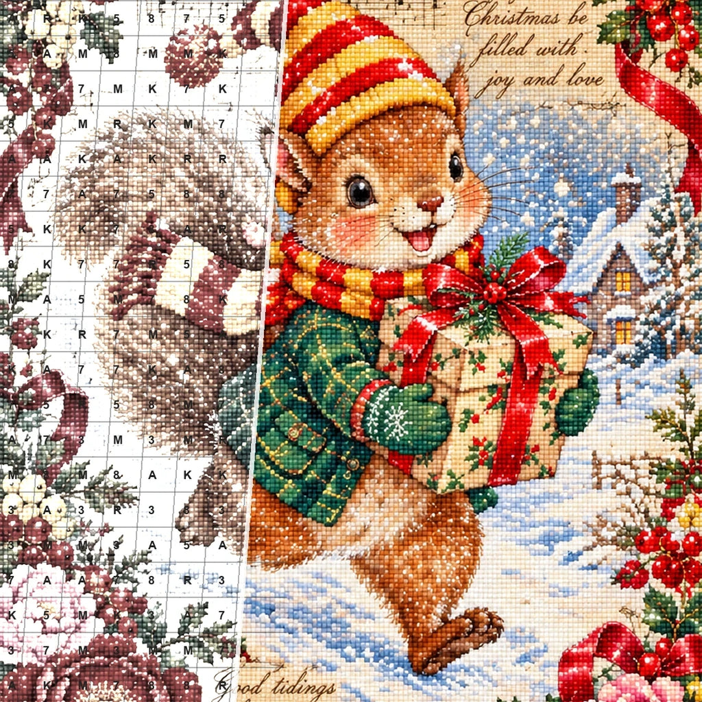 Vintage Christmas Squirrel Carrying Gift diamond drill detail