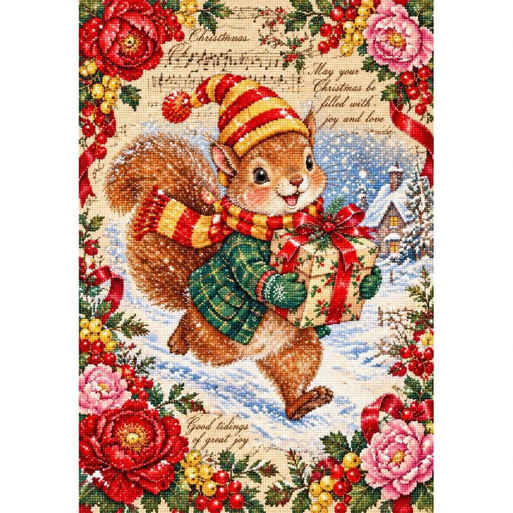 Vintage Christmas Squirrel Carrying Gift finished diamond painting
