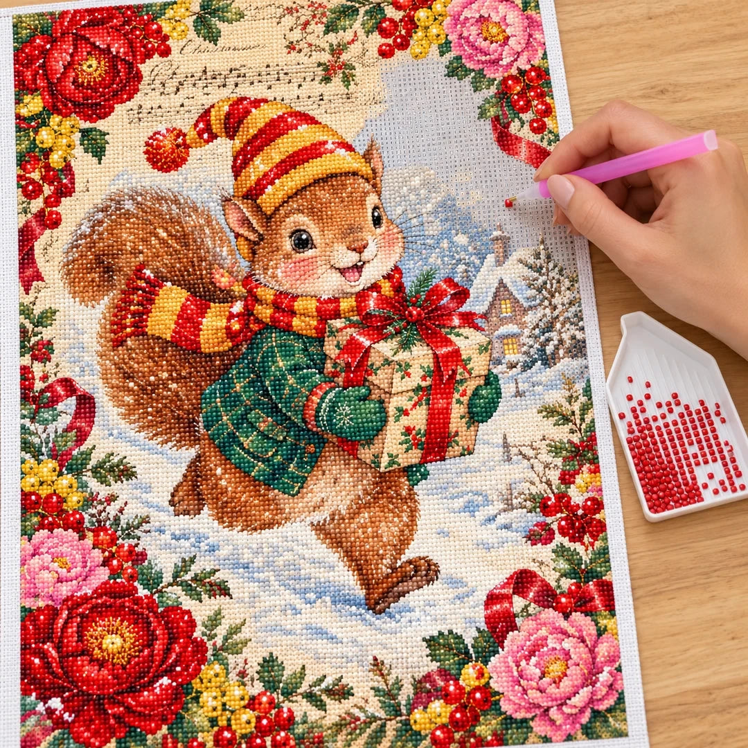 Vintage Christmas Squirrel Carrying Gift diamond painting process