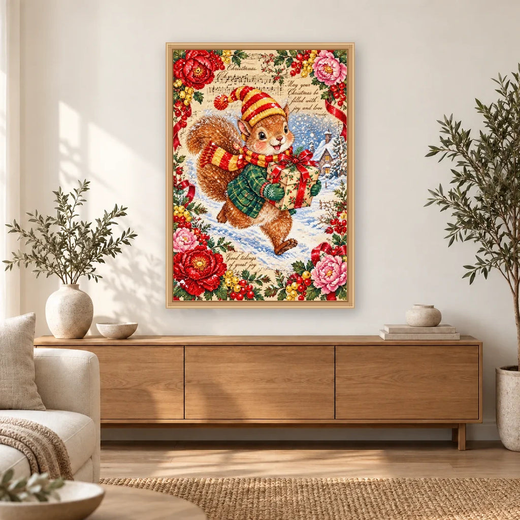 Vintage Christmas Squirrel Carrying Gift home decor scene