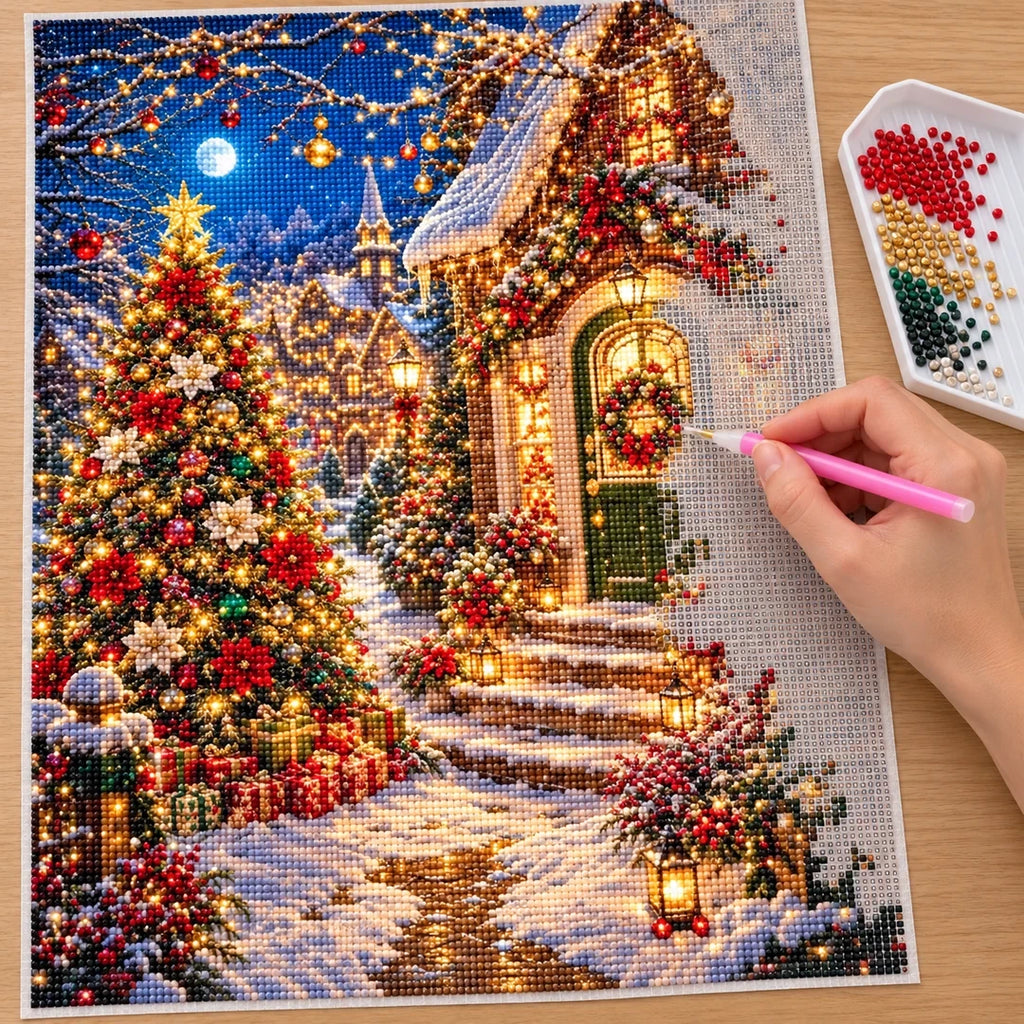 Moonlit Christmas Village Doorway diamond painting process