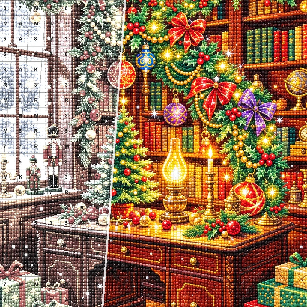 Christmas Library Tree and Gifts diamond drill detail