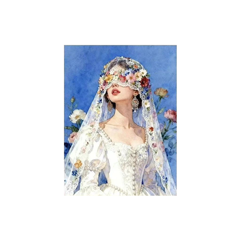 White-background original artwork of a bride wearing a floral veil