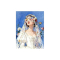 White-background original artwork of a bride wearing a floral veil