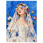 White-background diamondized artwork of a bride wearing a floral veil