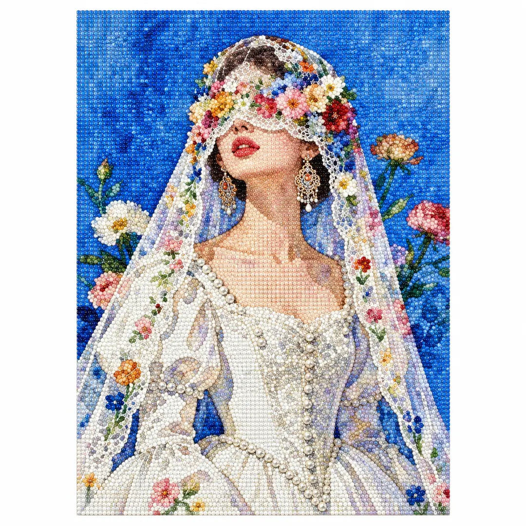White-background diamondized artwork of a bride wearing a floral veil