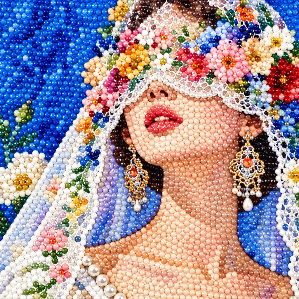 Close-up diamond drill detail of the floral veil bride artwork