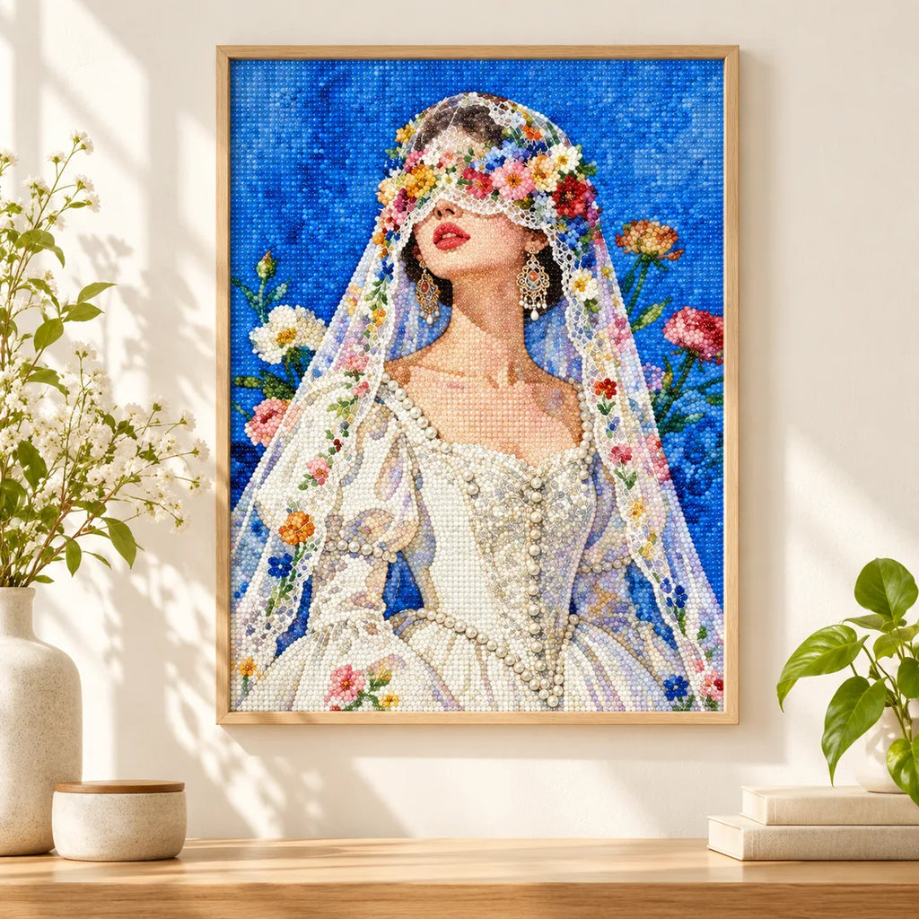 Floral veil bride diamond painting displayed as home decor