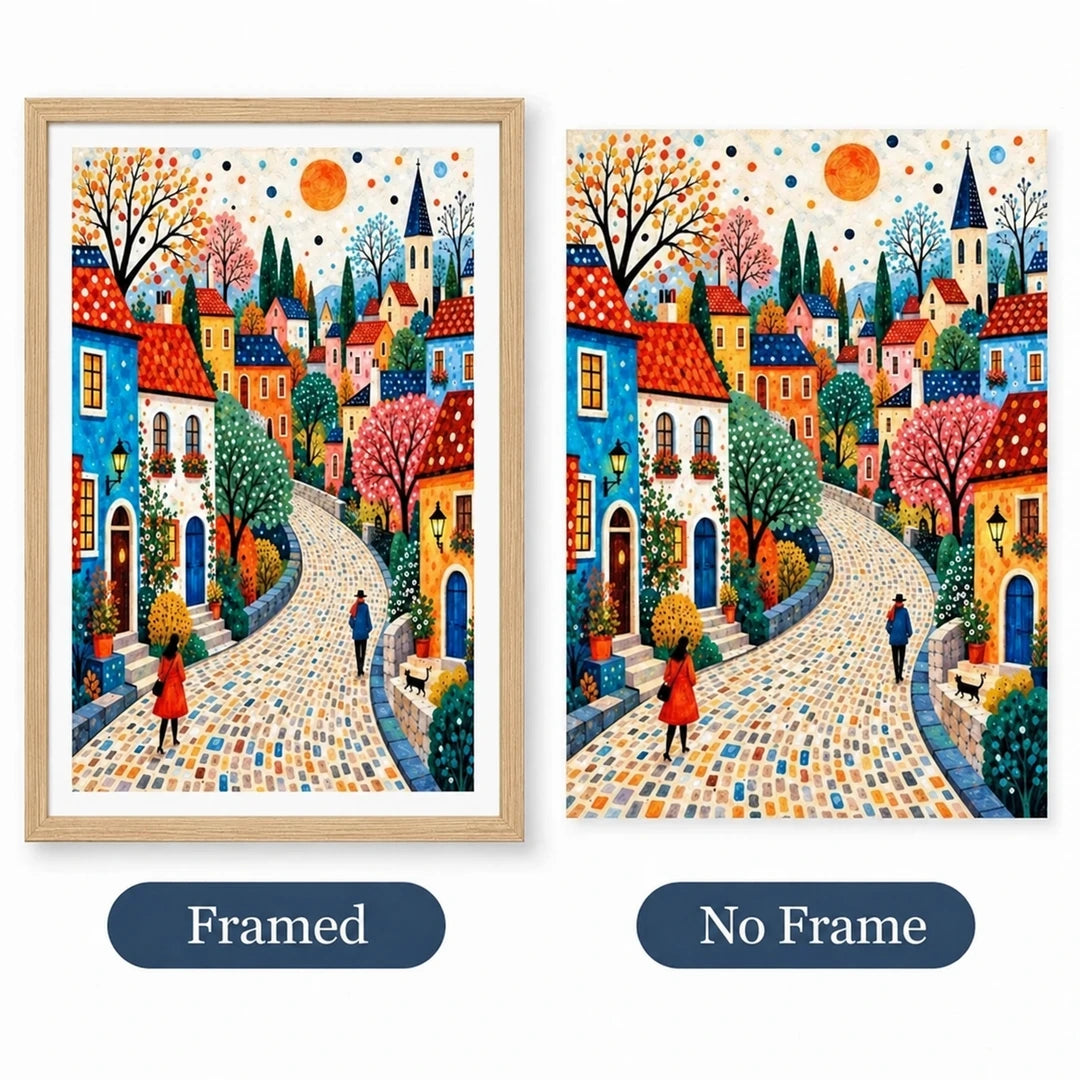 Side-by-side comparison of framed and no-frame diamond painting options