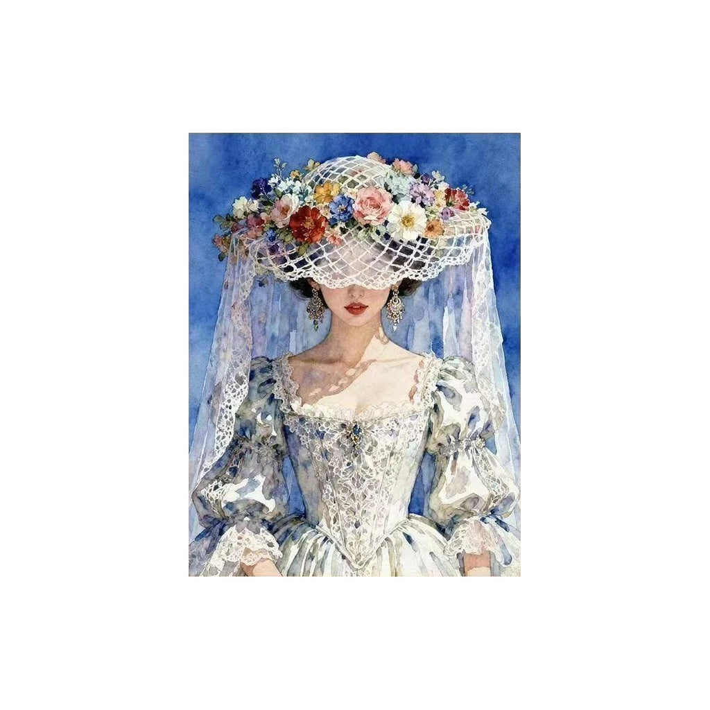 White-background original artwork of a bride wearing a flower hat