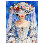 White-background diamondized artwork of a bride wearing a flower hat