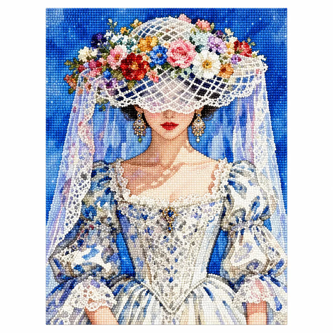 White-background diamondized artwork of a bride wearing a flower hat