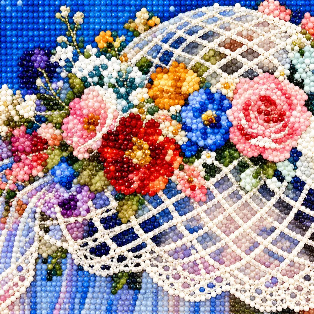 Close-up diamond drill detail of the flower hat bride artwork
