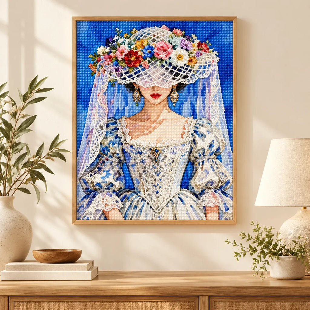 Flower hat bride diamond painting displayed as home decor