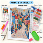 Diamond painting kit contents with adhesive canvas, color card, diamond packs, applicator pen, tweezers, multi-placer, tray, wax, and storage bags