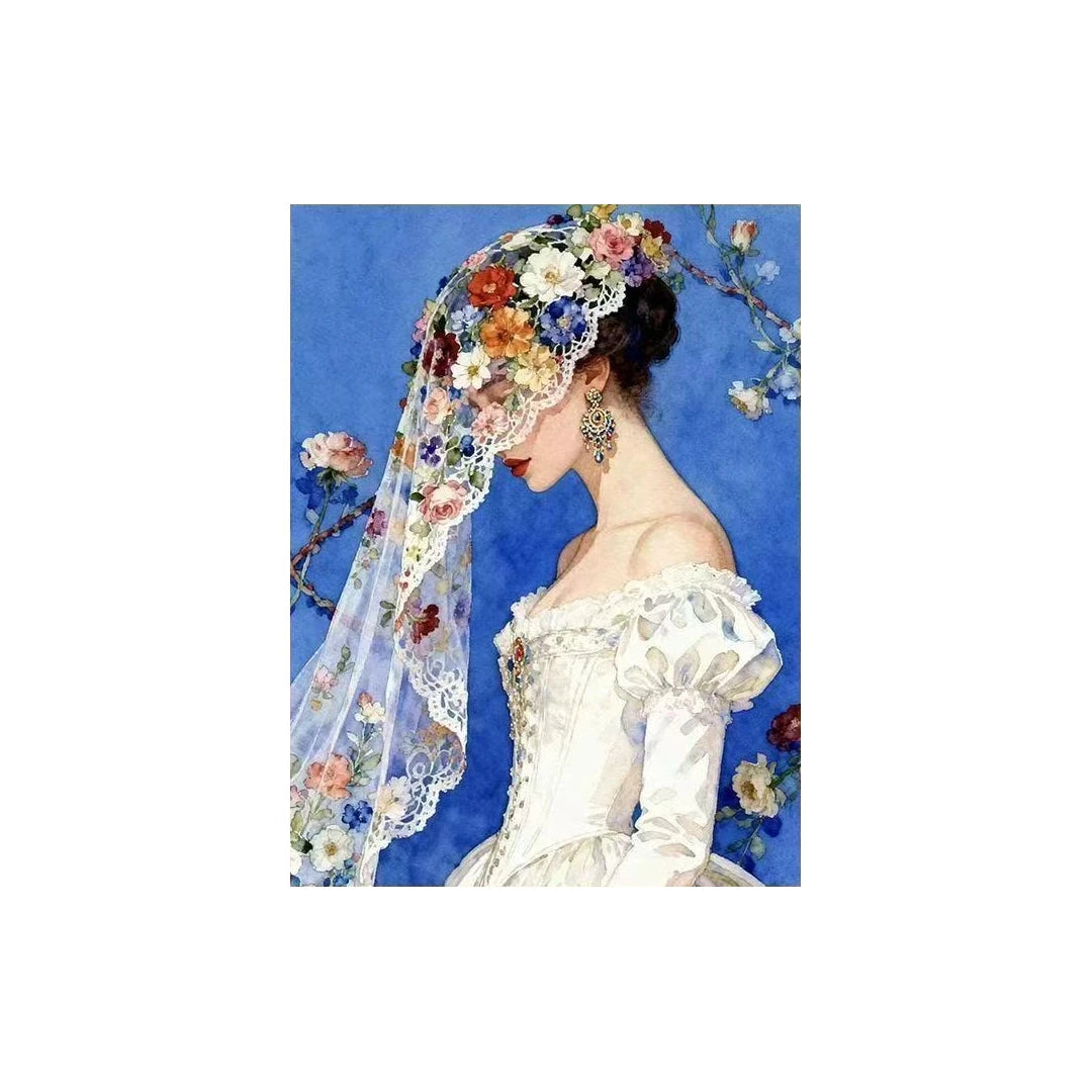 White-background original artwork of a bride shown in profile beneath a floral veil