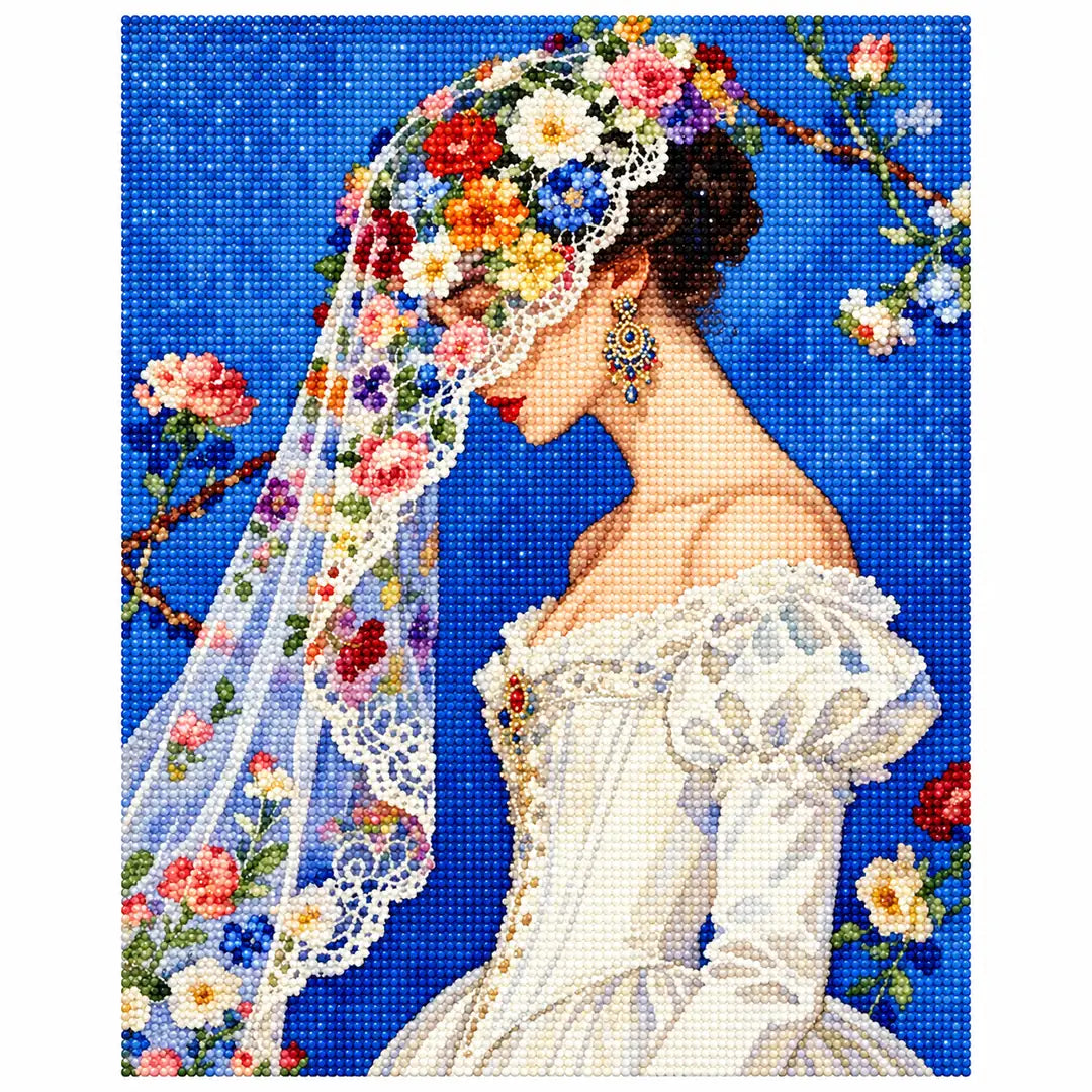 White-background diamondized artwork of a profile bride beneath a floral veil