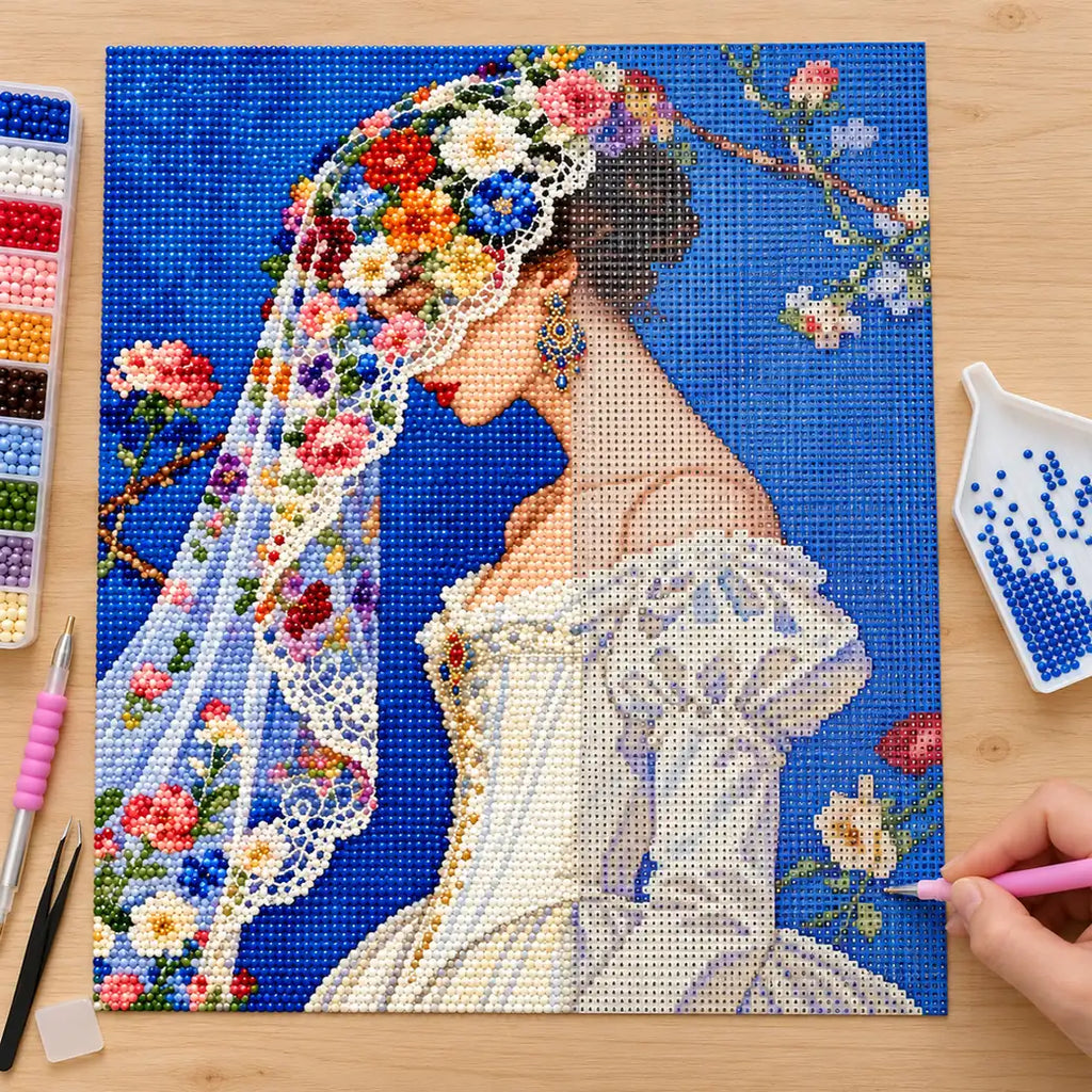 Diamond painting process showing a bride in profile beneath a floral veil being completed with a stylus