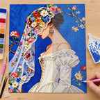 Diamond painting process showing a bride in profile beneath a floral veil being completed with a stylus