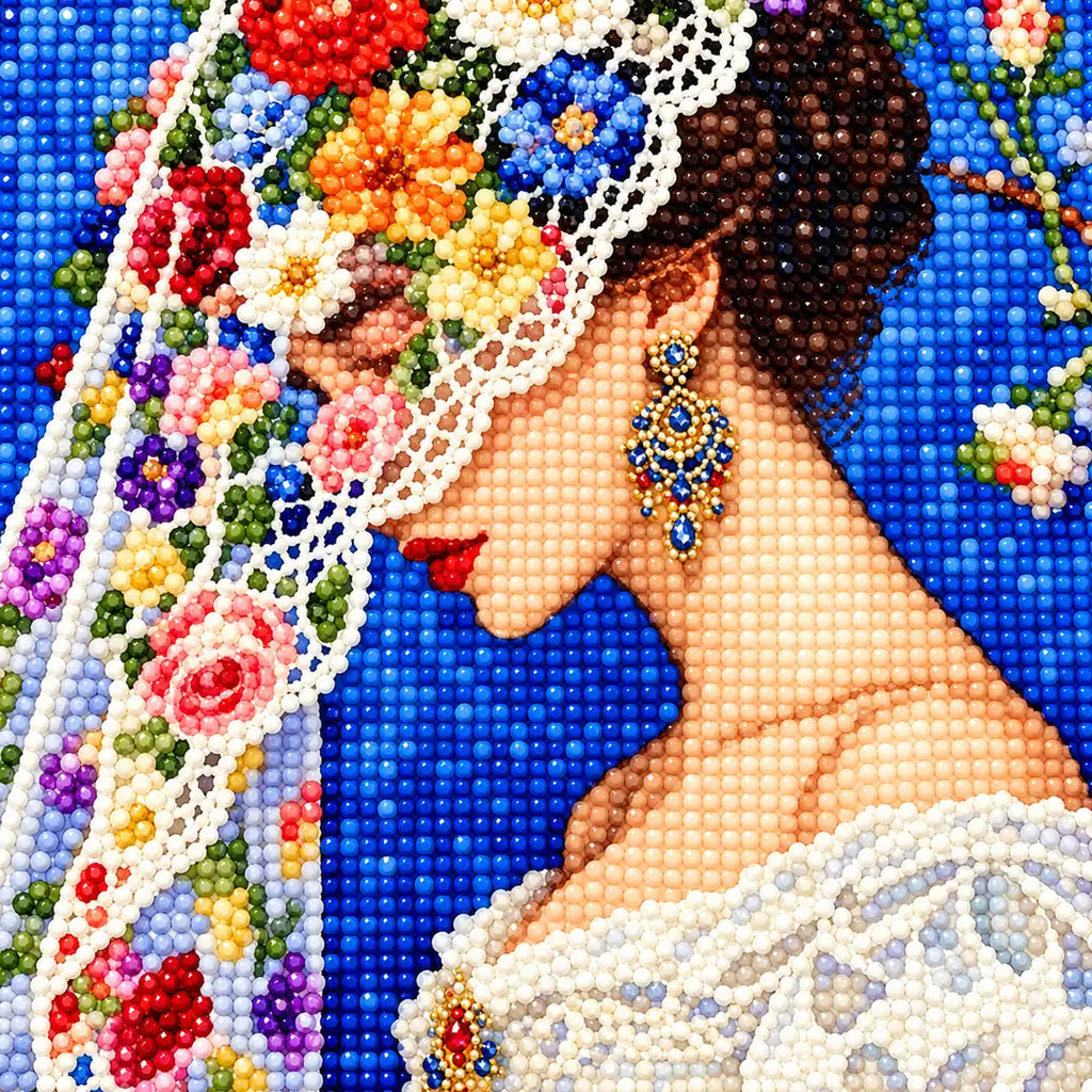 Close-up diamond drill detail of the profile bride floral veil artwork
