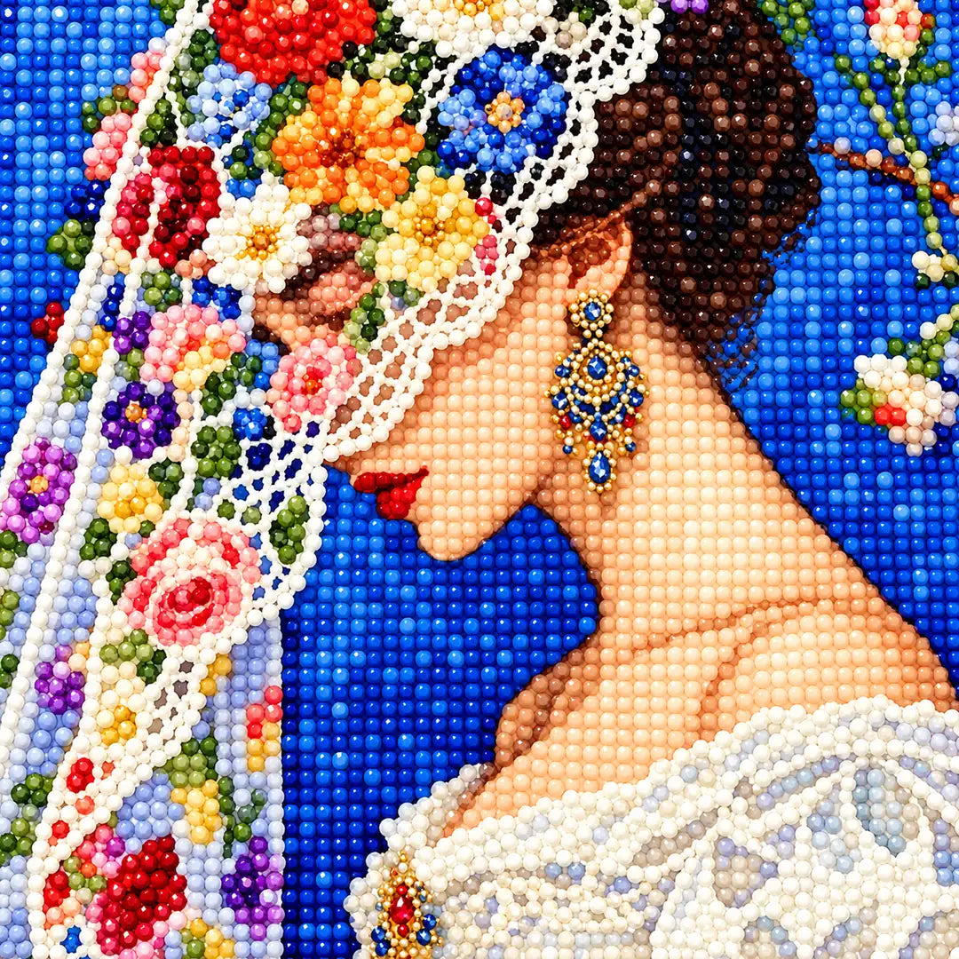 Close-up diamond drill detail of the profile bride floral veil artwork
