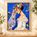 Profile bride with floral veil diamond painting displayed as home decor