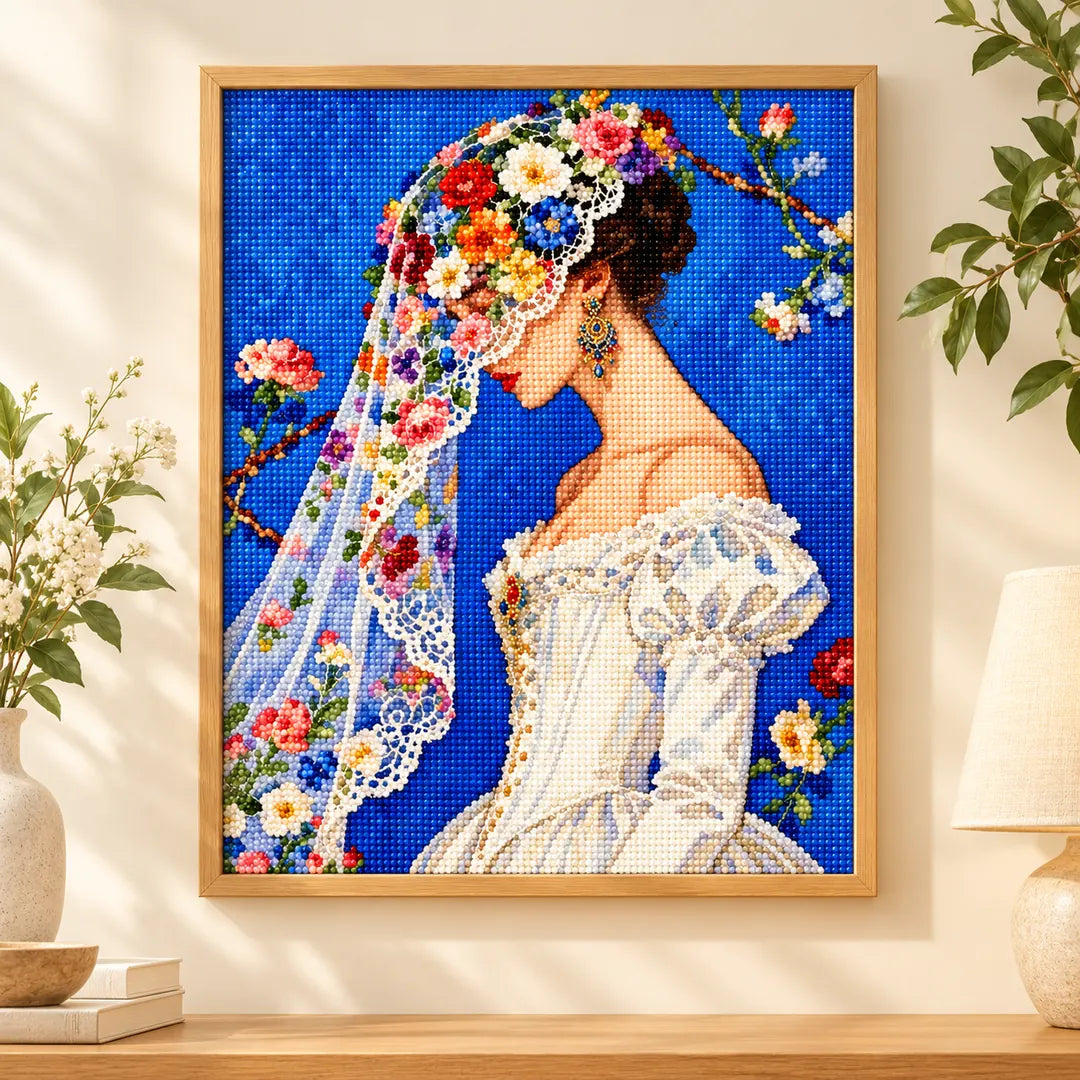 Profile bride with floral veil diamond painting displayed as home decor
