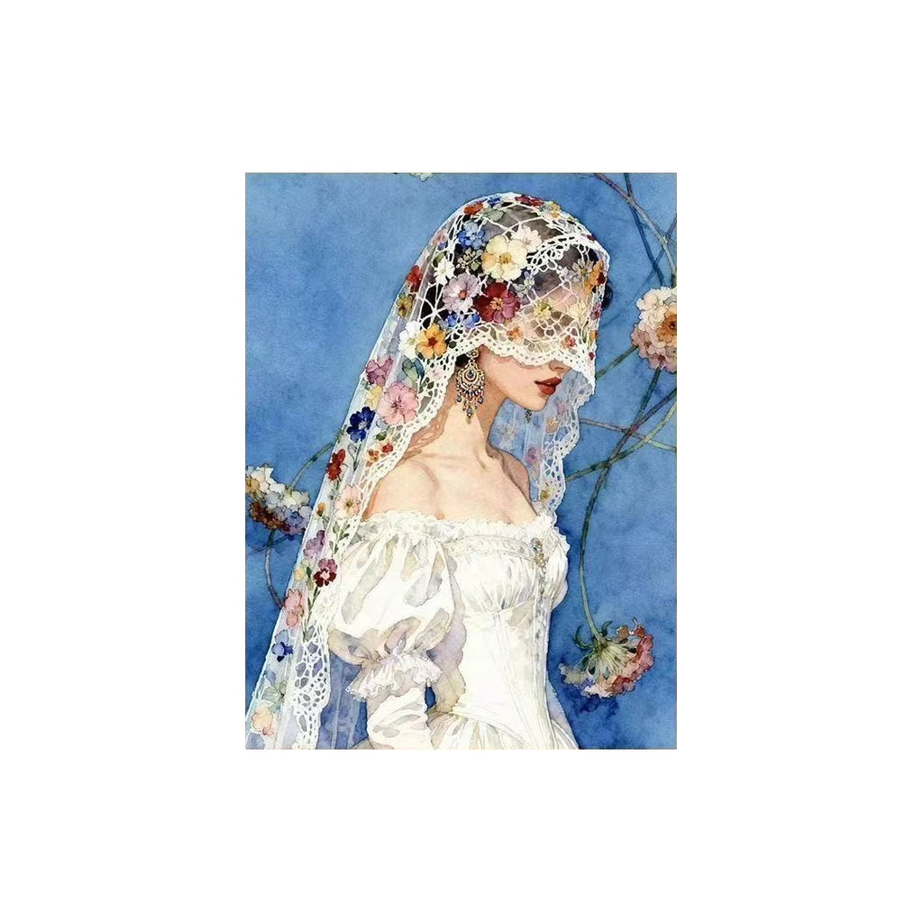 White-background original artwork of a bride in a lace veil and flower crown, shown in profile