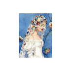 White-background original artwork of a bride in a lace veil and flower crown, shown in profile