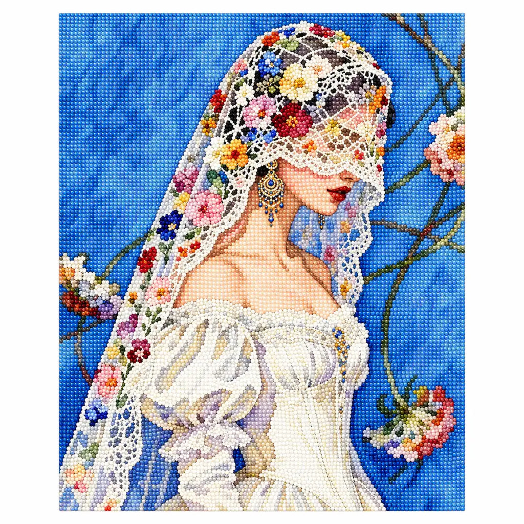 White-background diamondized artwork of a bride in a lace veil and flower crown, shown in profile