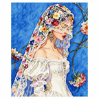 White-background diamondized artwork of a bride in a lace veil and flower crown, shown in profile