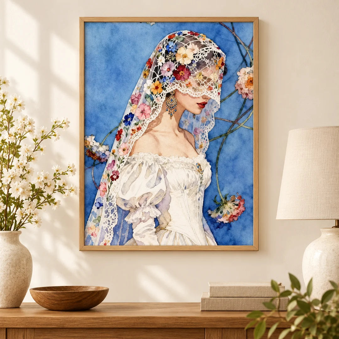 Lace veil bride diamond painting displayed as home decor