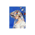 White-background original artwork of a side-profile bride wearing a colorful flower hat