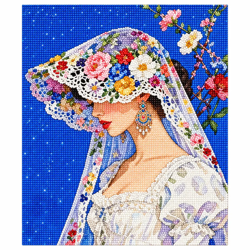 White-background diamondized artwork of a side-profile bride wearing a colorful flower hat
