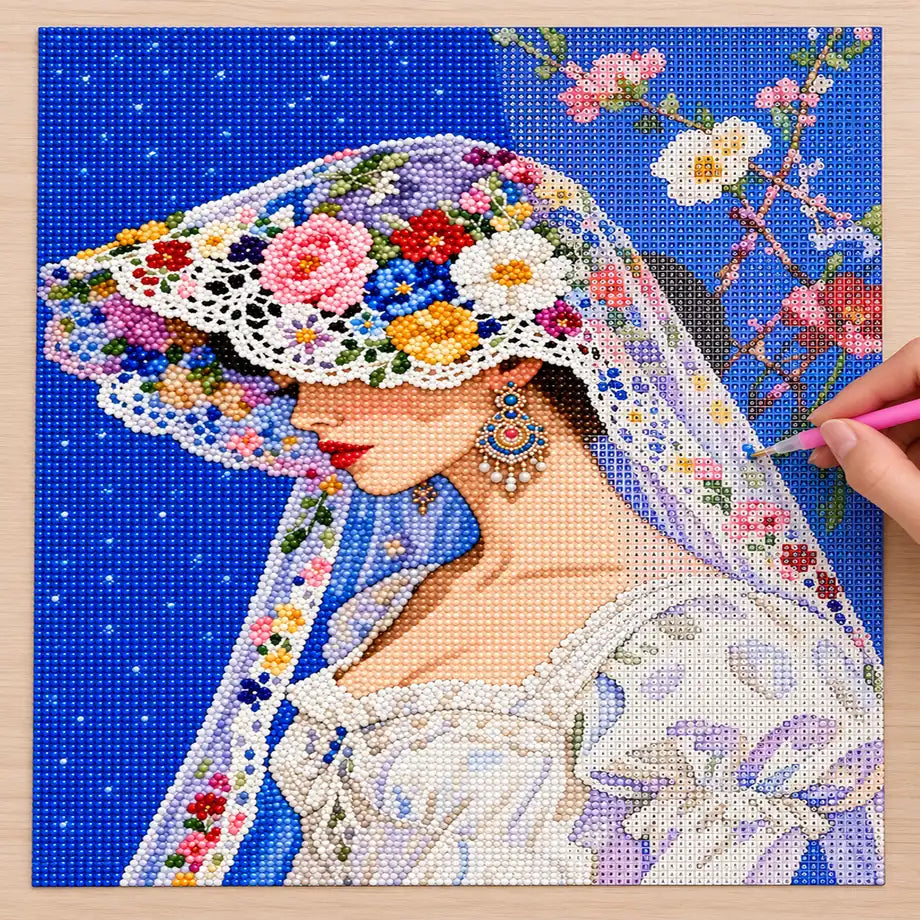 Diamond painting process showing a flower-hat bride portrait being completed with a stylus