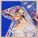 Diamond painting process showing a flower-hat bride portrait being completed with a stylus