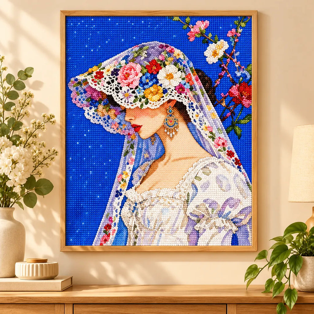 Flower-hat bride diamond painting displayed as home decor