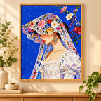 Flower-hat bride diamond painting displayed as home decor