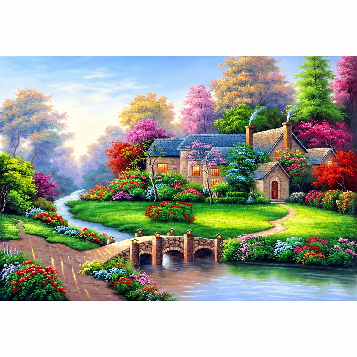 Blooming Lakeside Cottage Diamond Painting Kit