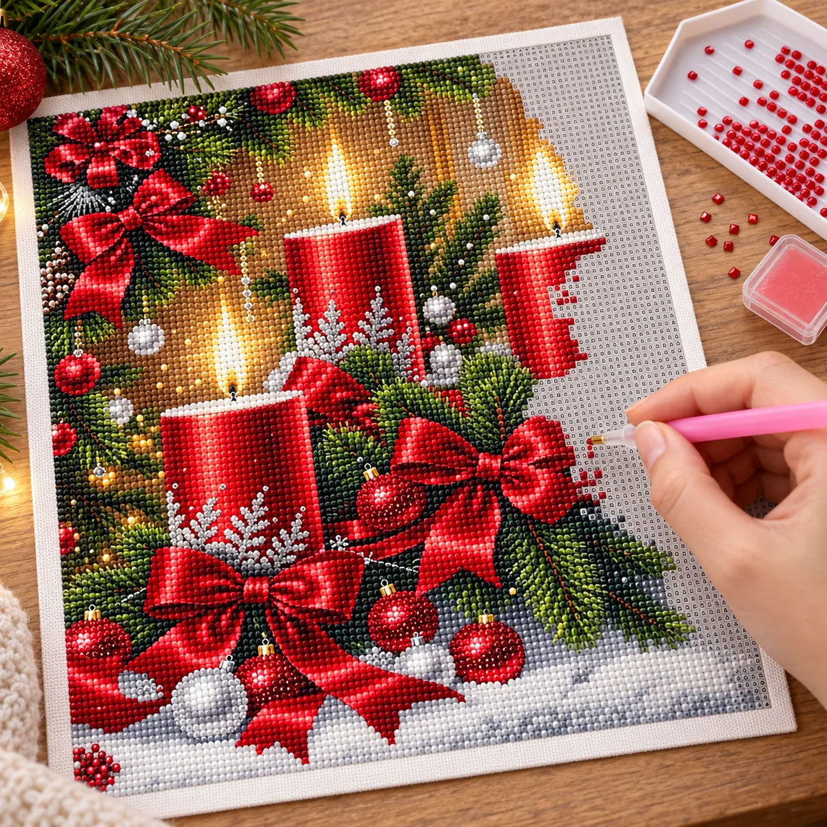 Red Candle Christmas Garland Diamond Painting Kit